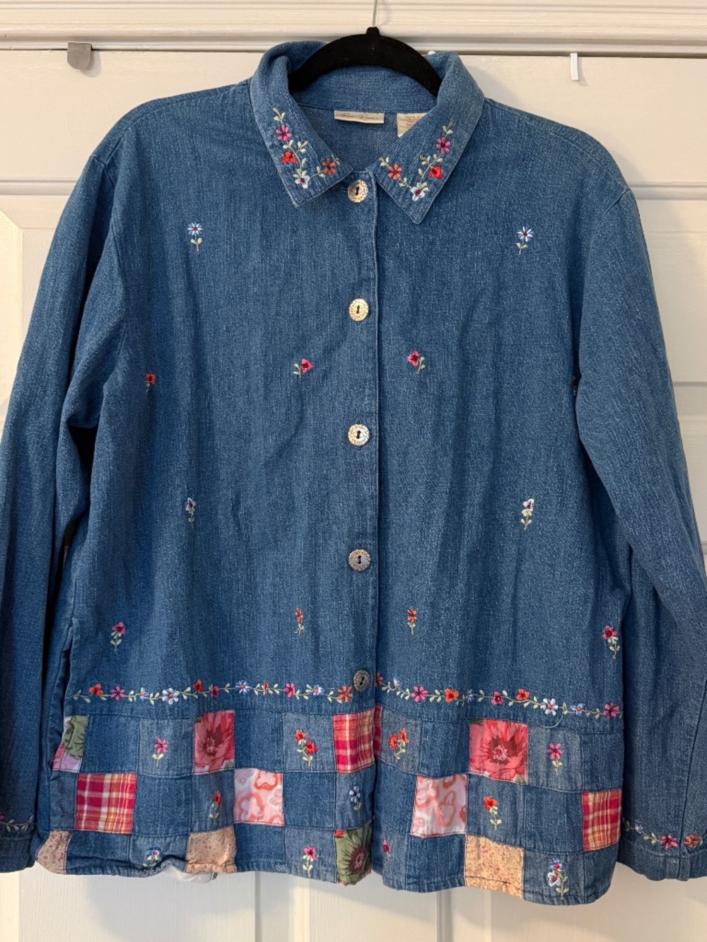 Vintage Bobbie Brooks Embroidered Denim Button-Up Shirt Women's Large Patchwork